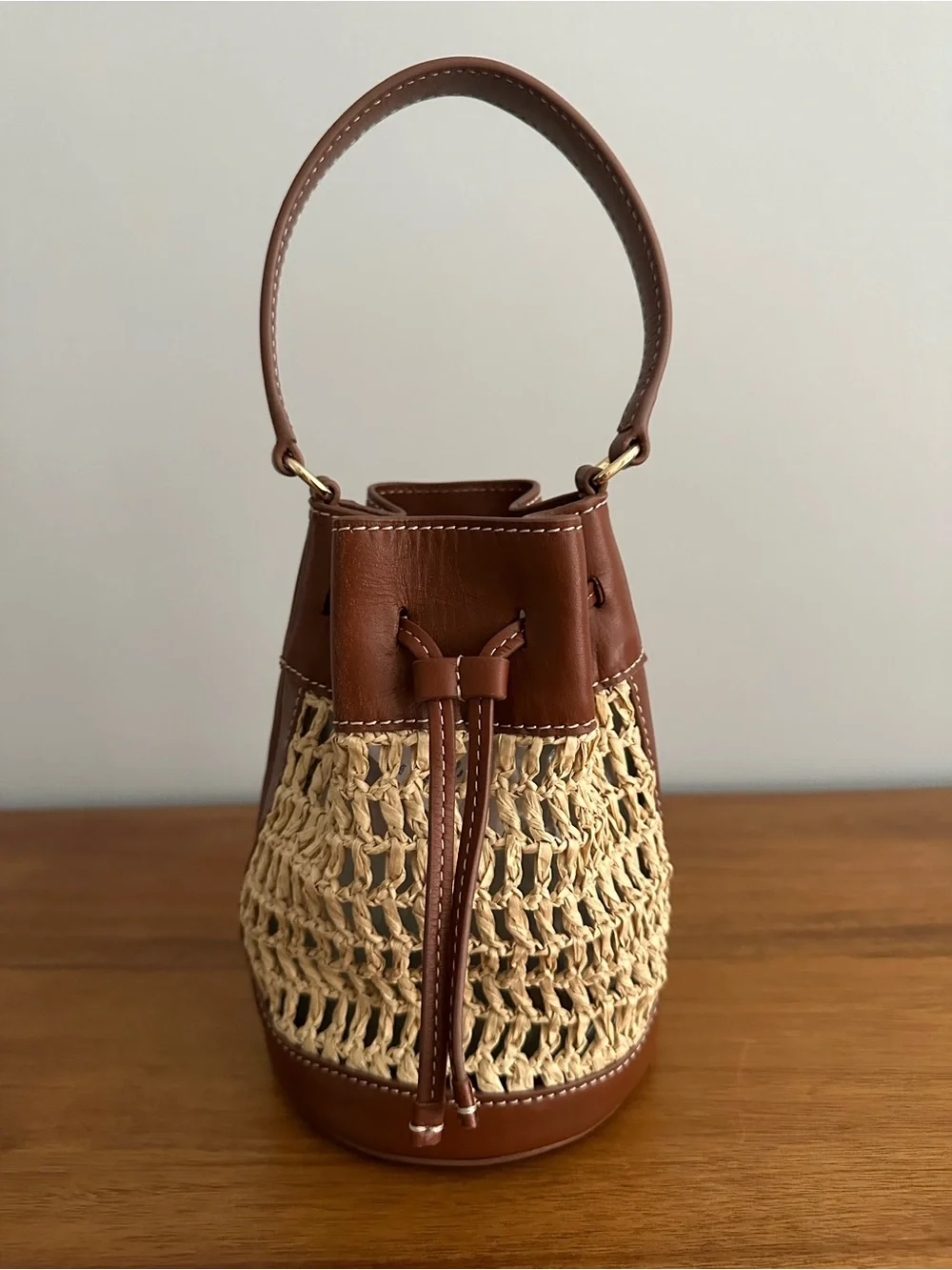 NWT J. Crew Drawstring Bag in English Saddle Leather and Straw